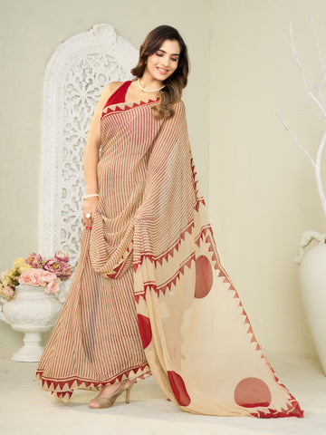 Beige & Red Hand Block Print Saree | Pure Chiffon