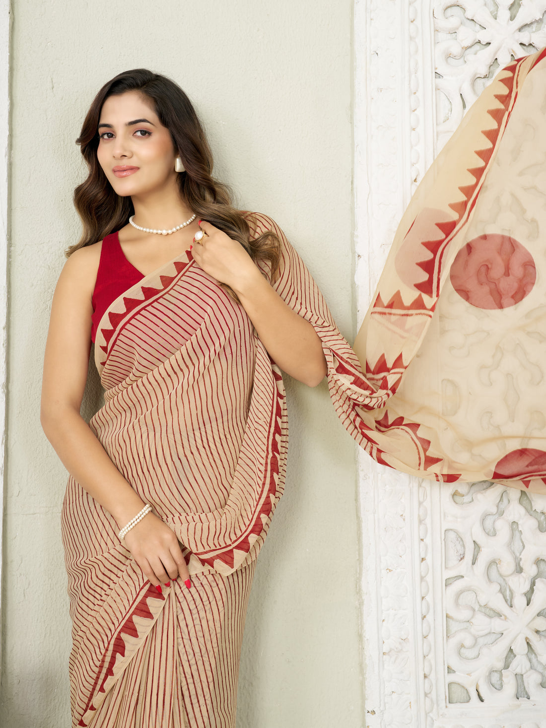 Beige & Red Hand Block Print Saree | Pure Chiffon