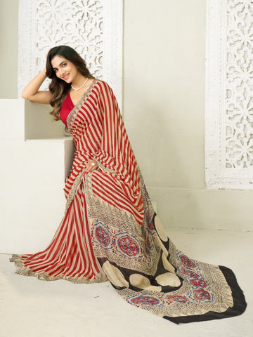 Red Hand Block Print Saree | Pure Chiffon