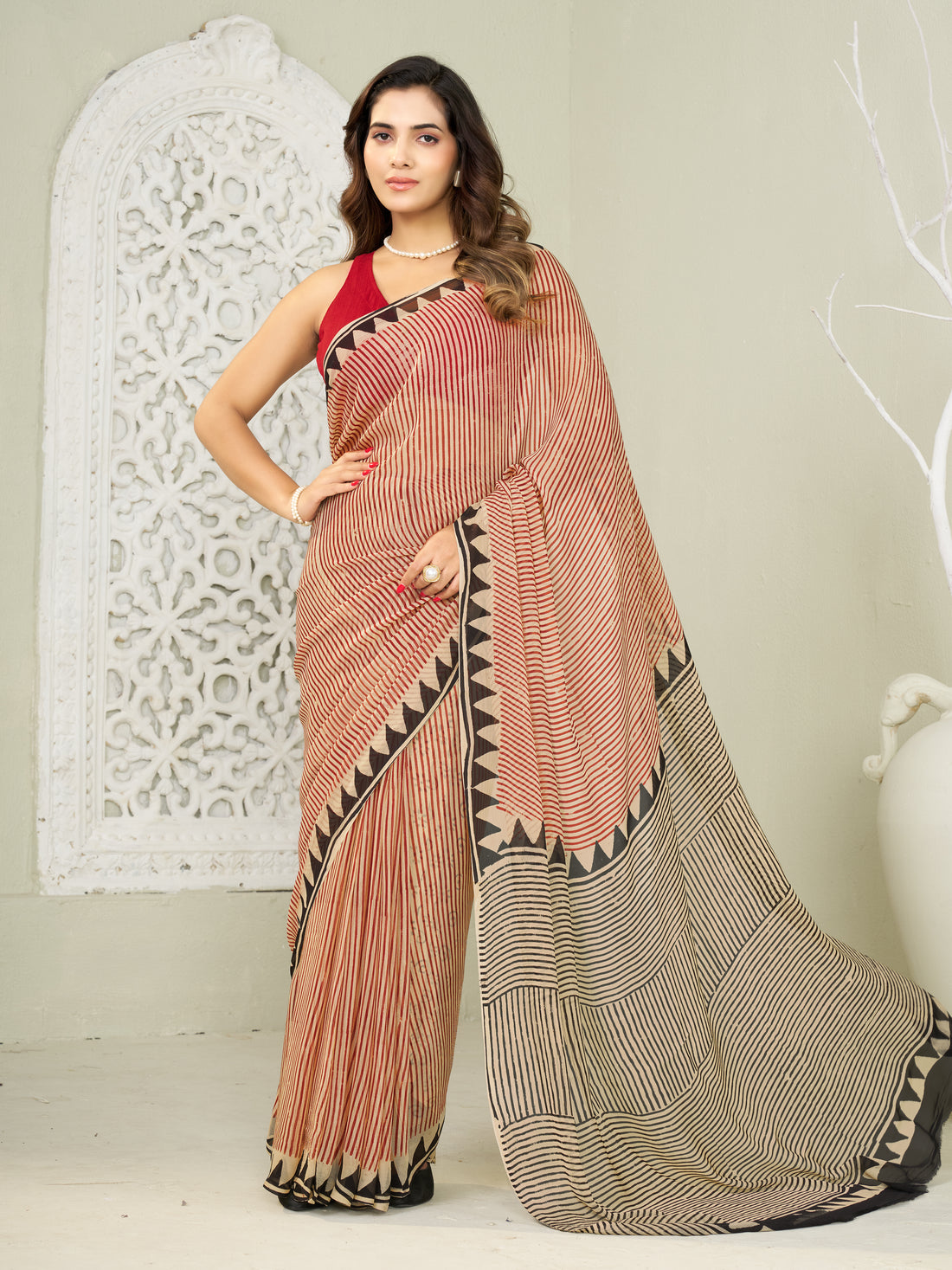 Red Hand Block Print Saree | Pure Chiffon