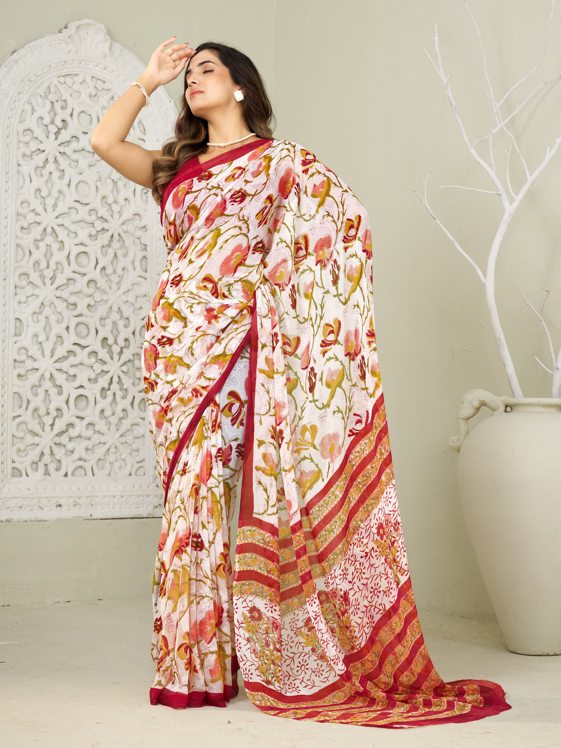 white & Red Hand Block Print Saree | Pure Chiffon