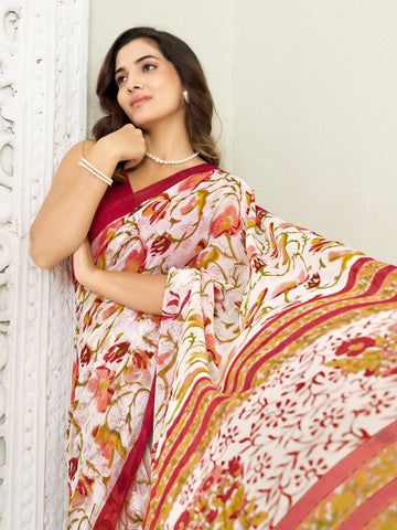 white & Red Hand Block Print Saree | Pure Chiffon
