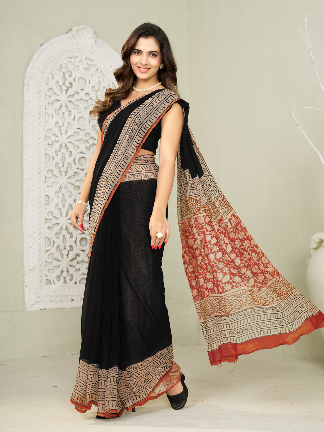 Black Hand Block Print Saree | Pure Chiffon
