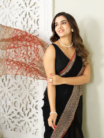 Black Hand Block Print Saree | Pure Chiffon