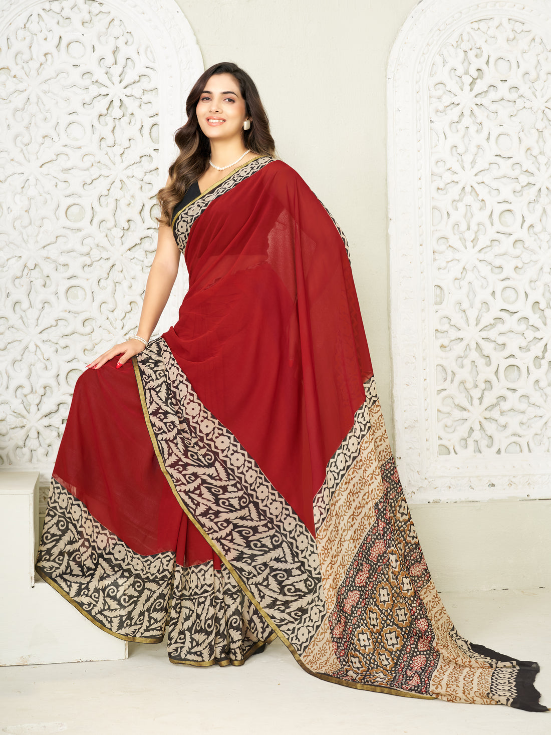 Red Hand Block Print Saree | Pure Chiffon