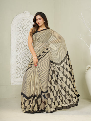 Beige & Black Hand Block Print Saree | Pure Chiffon
