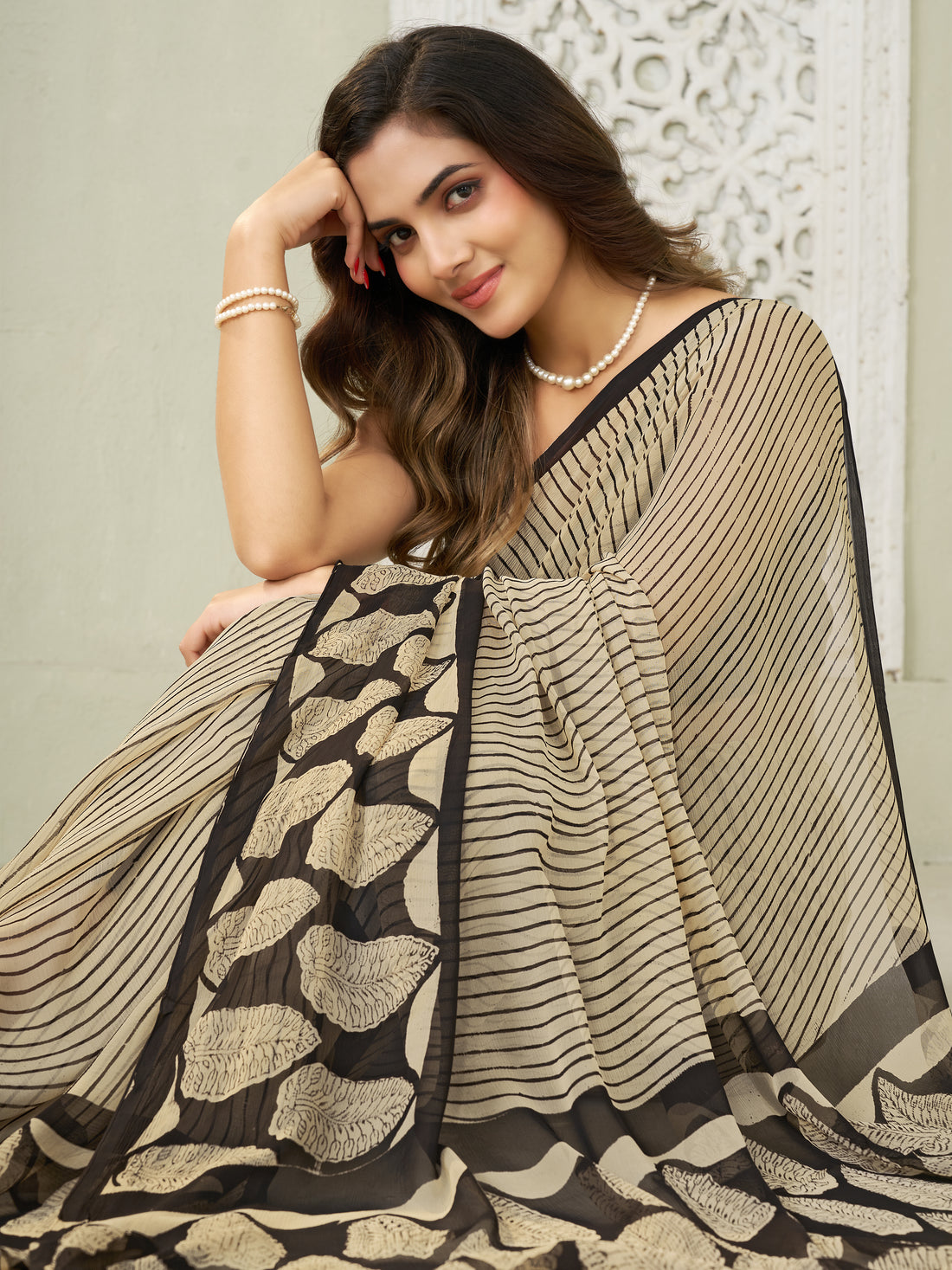 Beige & Black Hand Block Print Saree | Pure Chiffon