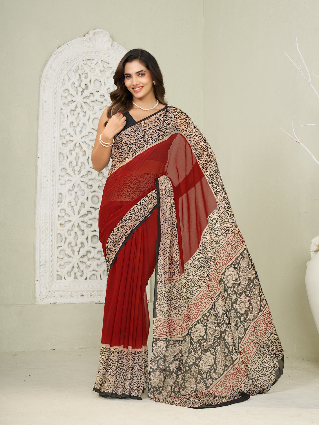 Red Hand Block Print Saree | Pure Chiffon