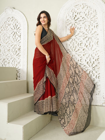 Red Hand Block Print Saree | Pure Chiffon