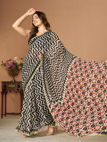 Black&Beige Hand Block Print Saree | Pure Chiffon