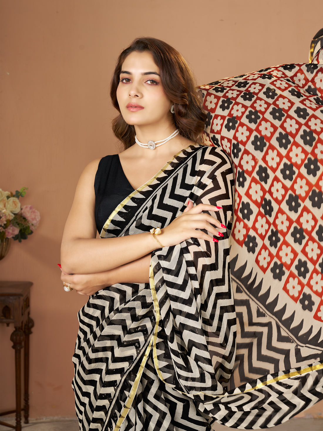 Black&Beige Hand Block Print Saree | Pure Chiffon