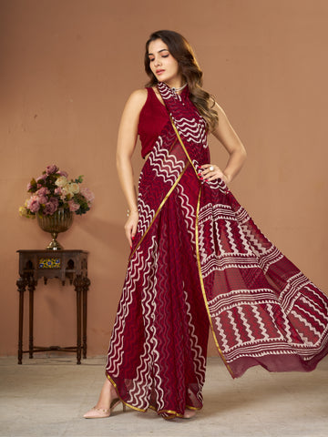 Maroon Hand Block Print Saree | Pure Chiffon