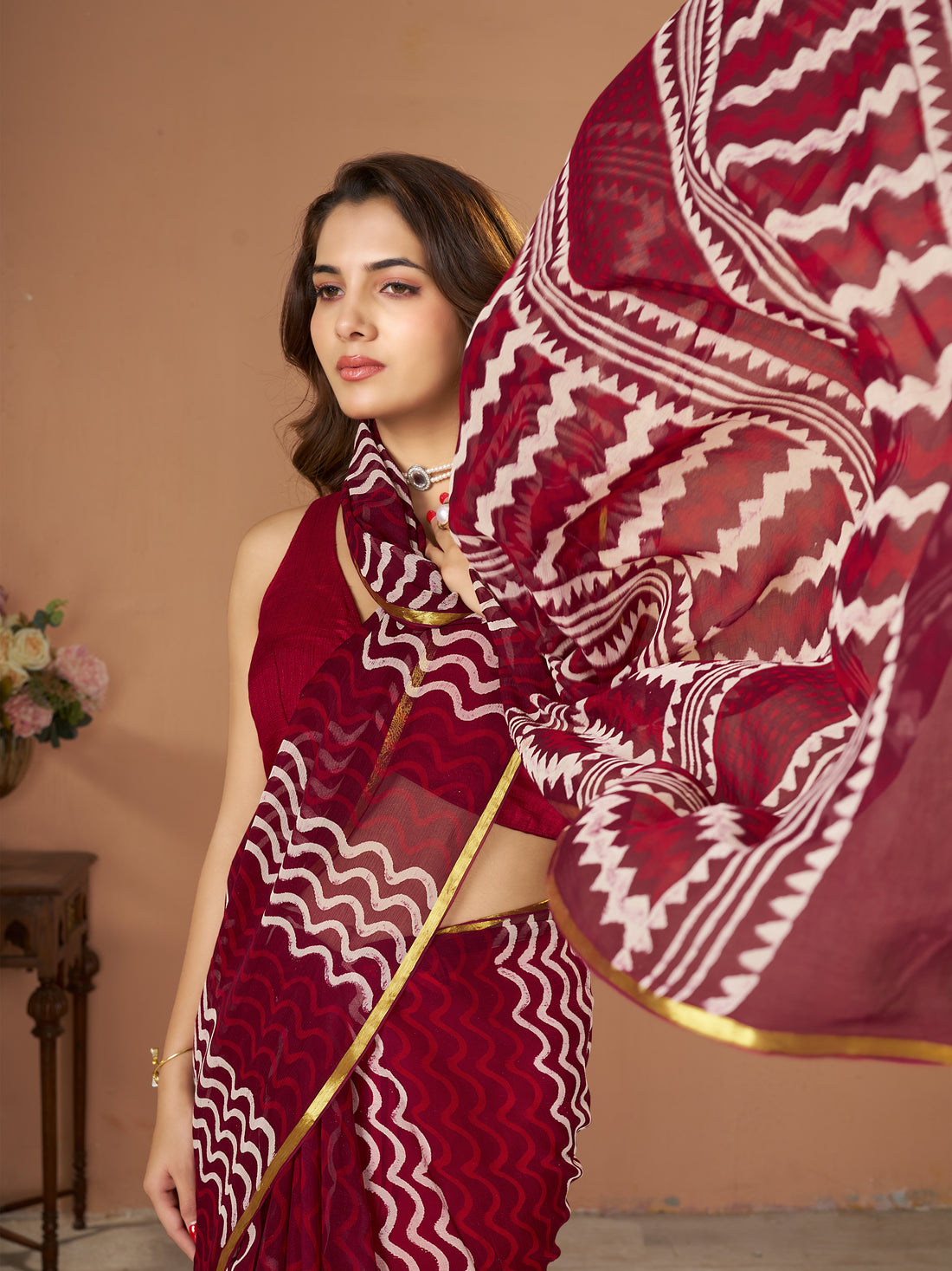 Maroon Hand Block Print Saree | Pure Chiffon