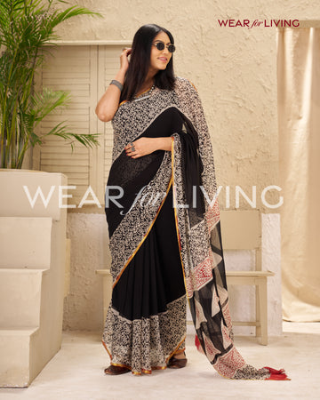 black Hand Block Print Saree | Pure Chiffon