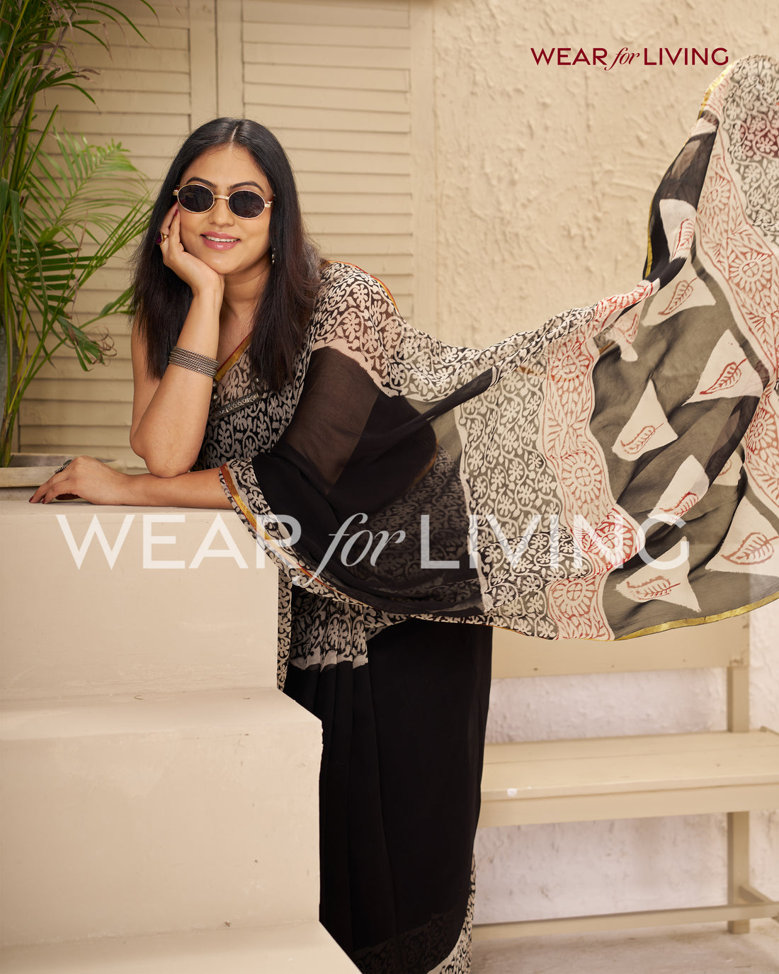 black Hand Block Print Saree | Pure Chiffon