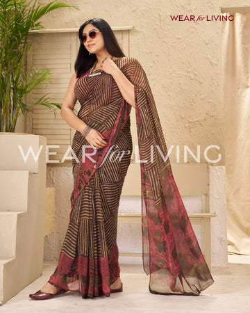 Brown Hand Block Print Saree | Pure Chiffon