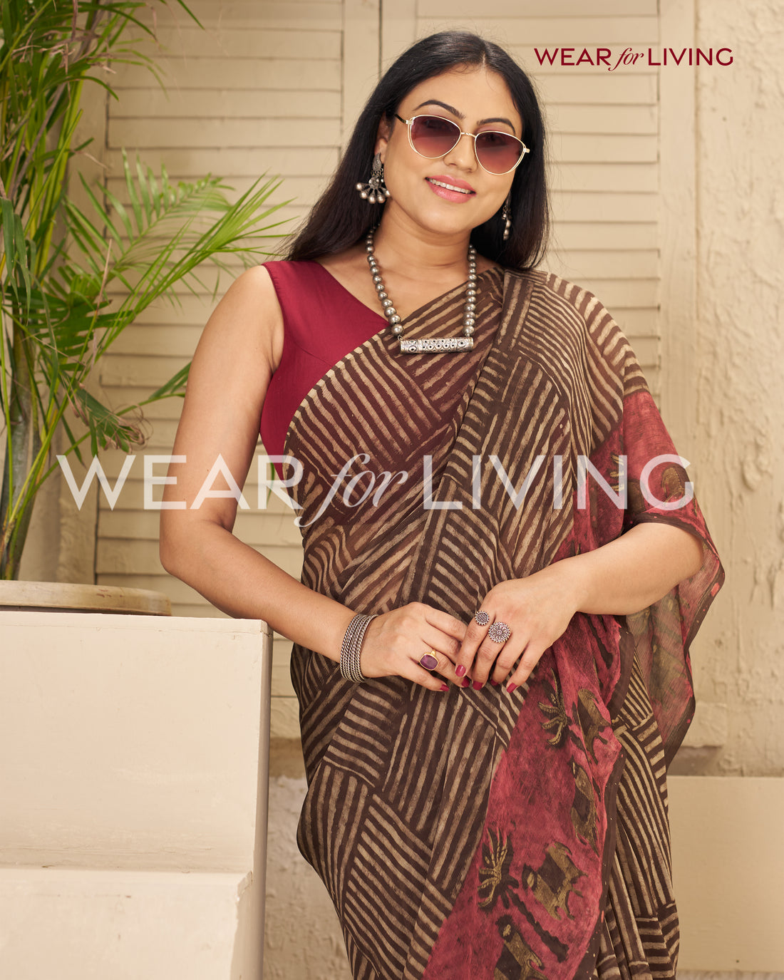 Brown Hand Block Print Saree | Pure Chiffon
