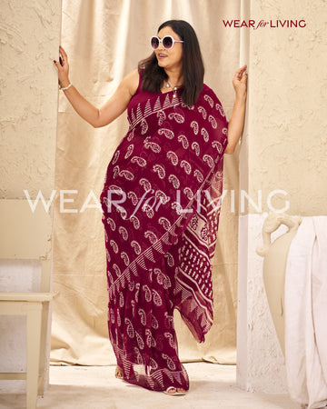 Wine Block Print Saree | Pure Chiffon