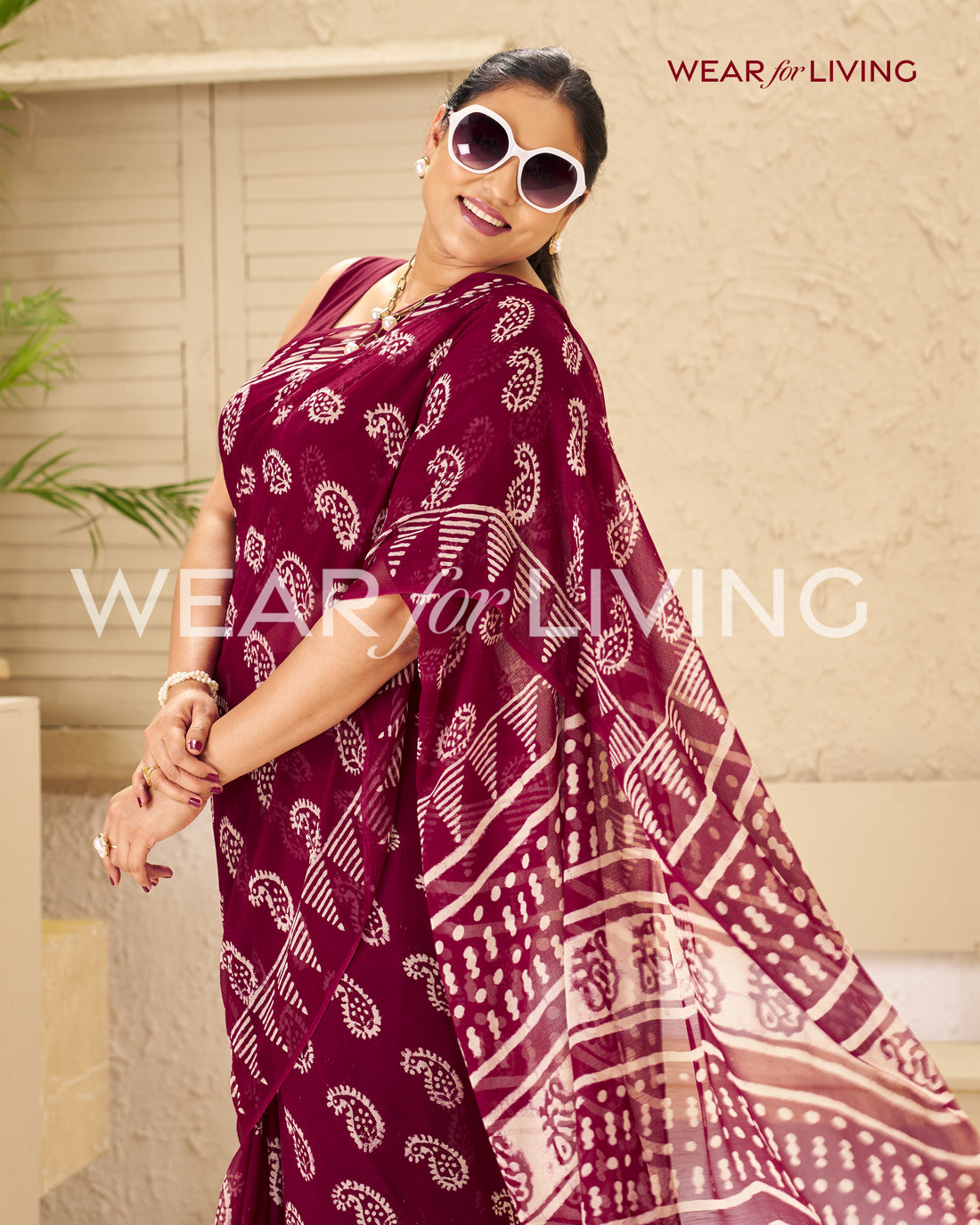 Wine Block Print Saree | Pure Chiffon