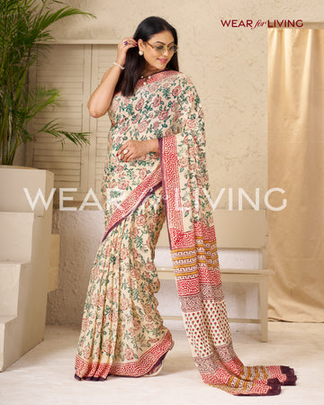 Hand Block Print Saree | Pure Chinon Chiffon