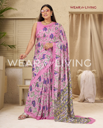 Hand Block Print Saree | Pure Chinon Chiffon